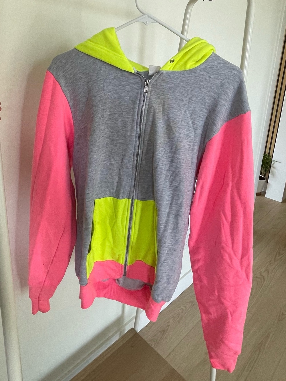 American Apparel Neon Pink, Gray & Yellow Colorblock Zip Hoodie